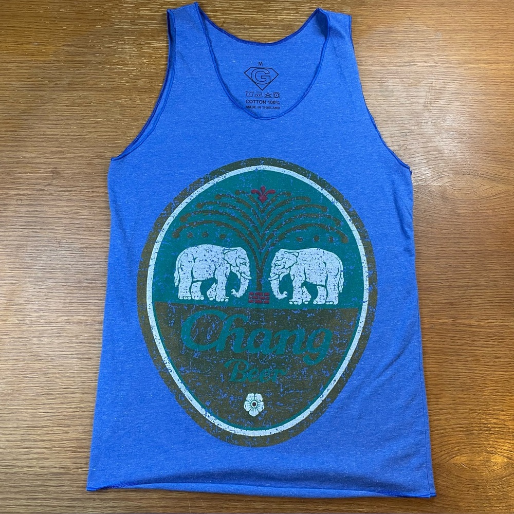 Chang Beer Tank Top Shirt Mens Large Blue Thailand Elephant Logo Beach Summer